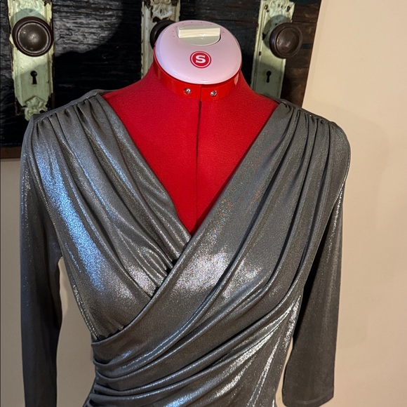 Pink Tartan Metallic Platinum Silver Drape Twist Long Sleeve Dress Size XS - Picture 6 of 14